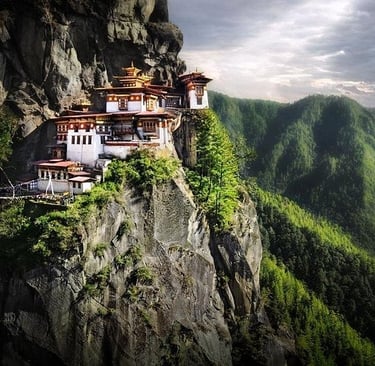Tiger's Nest Monastery, Paro Taktsang, perched on a cliffside in the mountains of Bhutan.
