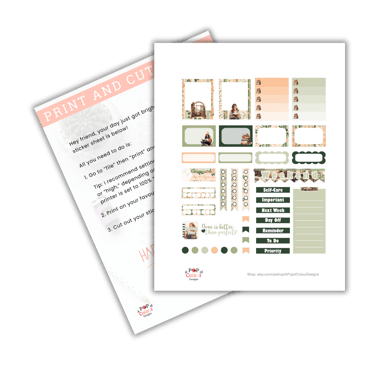 Mockup image of peach and green freebie planner stickers