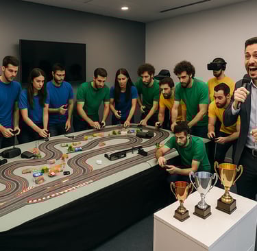 Escenario tematizado de Gran Premio F1 con pista Scalextric, cronometraje y decoración personalizada