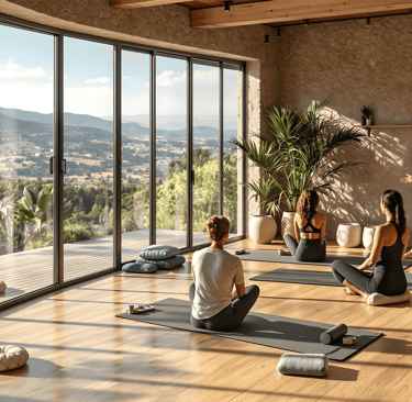 a group of people doing yoga in a room