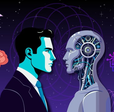 a man in a suit and tie is looking at a robot