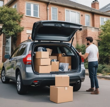 A stack of neatly arranged cardboard boxes sits in a recycling bin. The boxes are standing upright, and next to them is a clear plastic container with droplets of water on its surface. The bin is blue, and a wire fence is visible in the background.