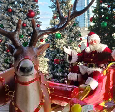 Santa Jay in his sleigh with a reindeer.