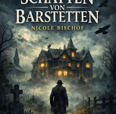 Mystery thriller book cover Die Schatten von Barstetten by Nicole Bischof featuring a spooky mansion and crows.
