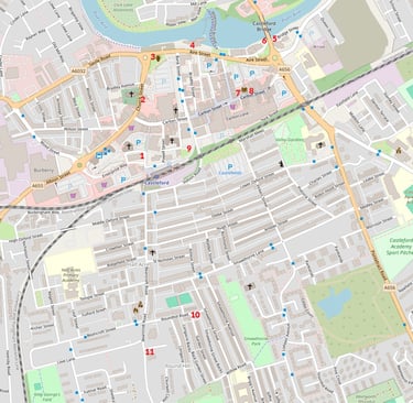 Map of Castleford town - showing locations of Blue Plaques