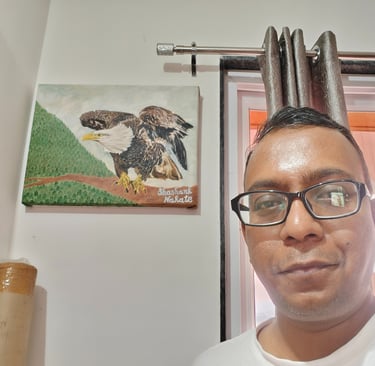 selfie with bald eagle painting