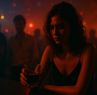 a woman in a black dress sitting at a bar