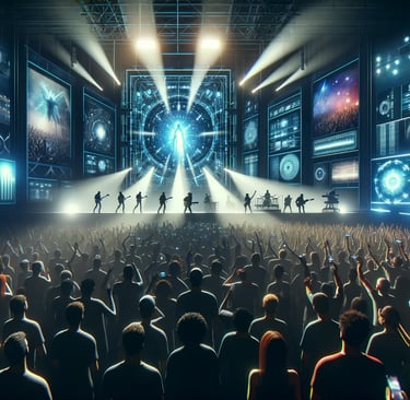 a group of people standing in front of a stage