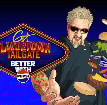 Guy Fieri holding a sandwich, Flavortown Tailgate, Las Vegas