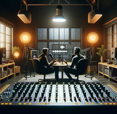 a couple of people sitting at a sound board