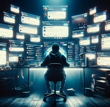 a person sitting at a desk with a computer monitor and a chair