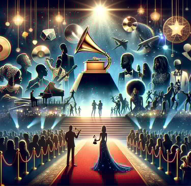 captivating scene celebrating the essence of the 2024 Grammy Awards, featuring symbolic elements suc