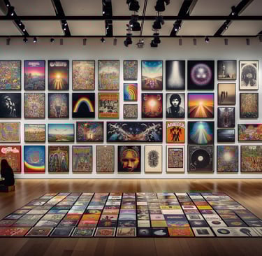 a man sitting on a rug in a room with a large wall of art