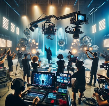 a group of people standing around a stage video cameras