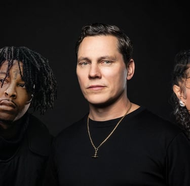 three people standing in front of a black background, Tiesto, 21 Savage, Bia