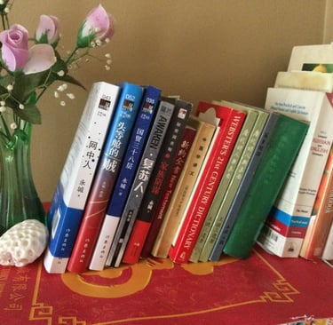 永城的书藉在书架上。