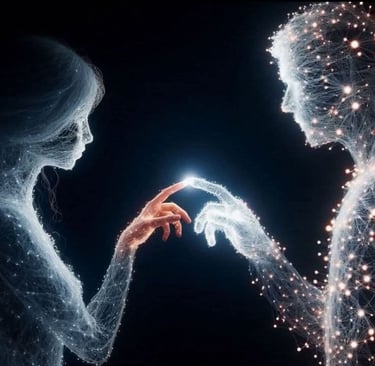 Dos figuras humanas hechas de luz conectando sus dedos en un entorno espiritual, representando la en