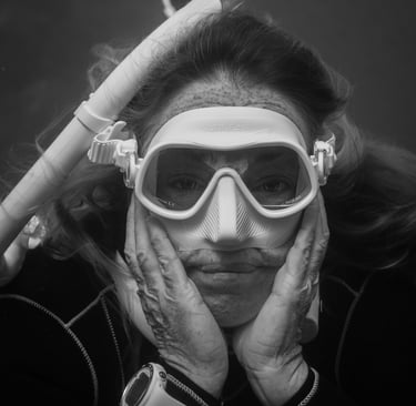 an underwater freediver portrait. Photo taken by Sébastien Saintignan