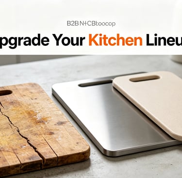 A worn wooden cutting board next to new stainless steel and composite boards to upgrade your kitchen lineup.