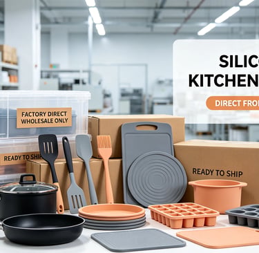 Modern warehouse with Morandi silicone kitchenware, export cartons, factory-direct ready stock for overseas wholesalers.