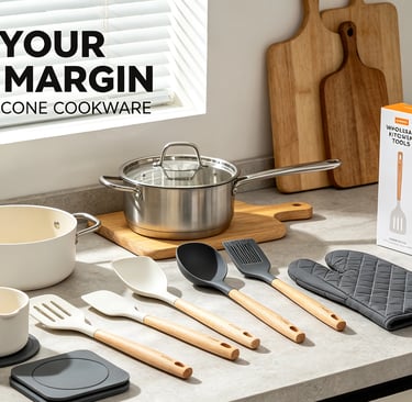 Wholesale food grade silicone cookware and kitchen tools with wooden handles on a countertop.