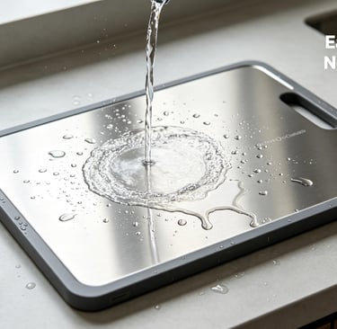 Easy to clean stainless steel cutting board being rinsed with water in a modern kitchen sink setting.
