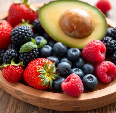 Berries displayed on oval wood plate