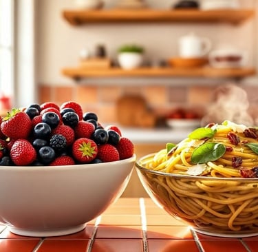Bowl of fruit compared to bowl of pasta for a keto diet