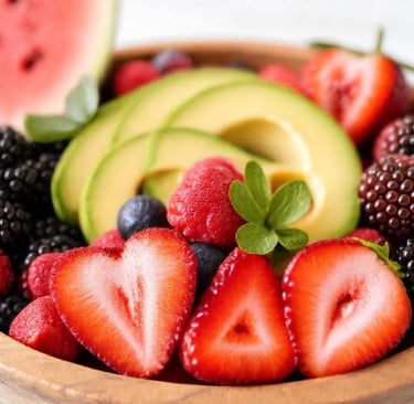 Blackberries Blueberries Strawberries Watermelon Avocado in Wooden Bowl
