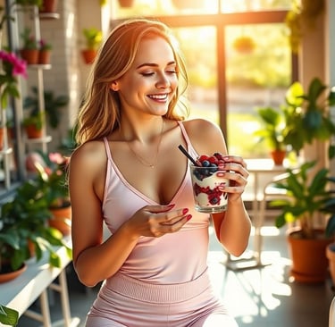 Pleased woman having berry dessert