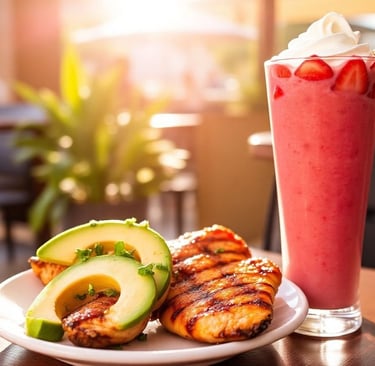 Grilled chicken with avocado slices and strawberry smoothie