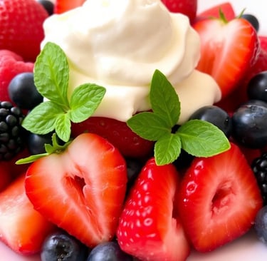 Close-up of Berry Keto Fruit Salad with Whipped Cream