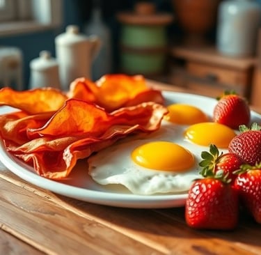 Strawberries served with keto friendly bacon and eggs