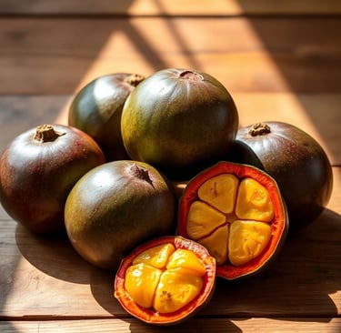 whole and cut monk fruit on wooden surface