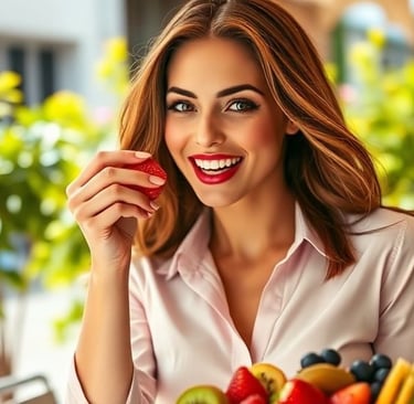 Smiling lady having mixed fruit for lunch outside