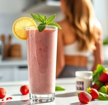 Tall strawberry smoothie with woman in background