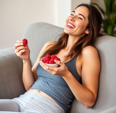 Happy woman enjoying raspberries on sofa