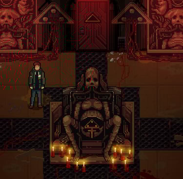 Pixel art of a man in a dark, ominous room with a large, grotesque statue, candles, and blood-stained floor. A horror game