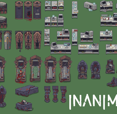 Pixel art tileset of sci-fi horror assets including bloody medical equipment and futuristic coffins.