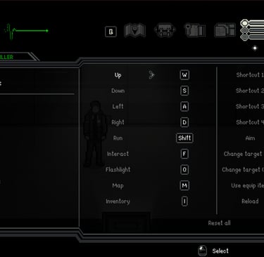 Pixel art survival horror game keyboard controls settings menu featuring character Jacob Miller.