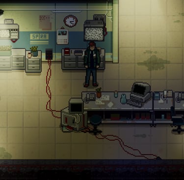 a pixel art man in a strange laboratory