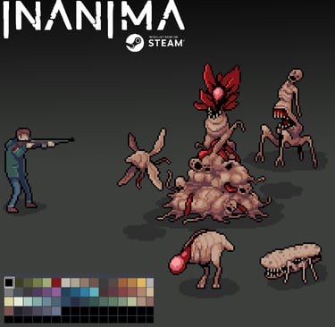 a person standing in front of a bunch of pixel art monster