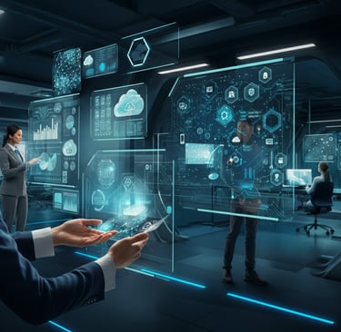 Futuristic IT managed services in 2025 with holographic tech and Verve Phoenix branding in navy blue, gold, and black.