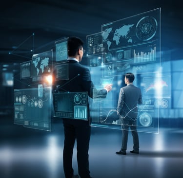 A futuristic operations center with professionals monitoring real-time system analytics on multiple holographic dashboards.