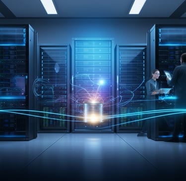 An advanced IT setup by Verve Phoenix with redundant servers and a load balancer in the center. 