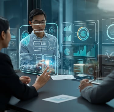 Verve Phoenix team analyzing business impact with holographic risk assessment charts in a modern boardroom.