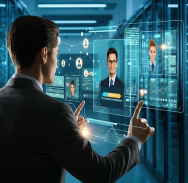 Verve Phoenix recruiter assessing holographic profiles of IT candidates in a high-tech, futuristic setting.