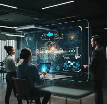 Verve Phoenix team crafting an IT roadmap on a holographic screen in a modern, high-tech office setting.