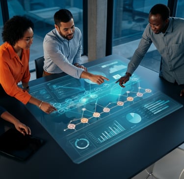 Verve Phoenix project managers analyzing a digital dashboard with progress metrics and timelines in a collaborative workspace