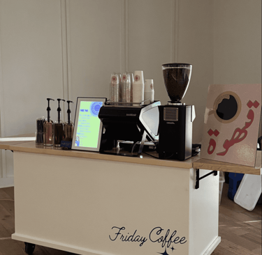 Friday Coffee mobile espresso bar with professional grinder, espresso machine, for wedding event